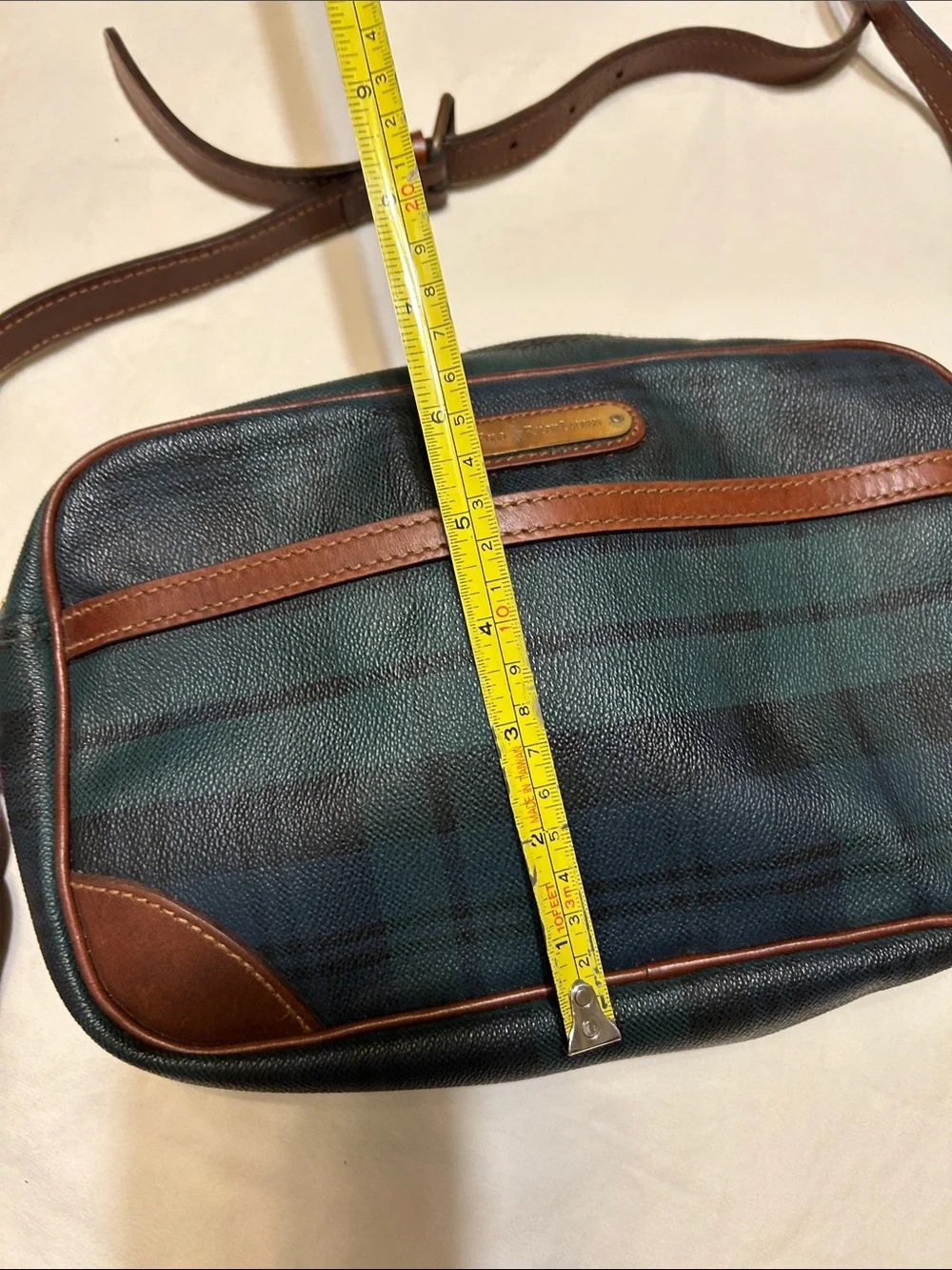 Leather-Trim Green Plaid Crossbody Bag Vintage